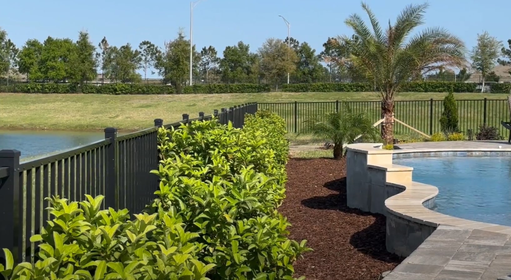 Pool Area Landscaping - Tropical Plant Installation and Water Feature Design Backyard landscaping with pool area, palm trees, and professional plant installation around water features